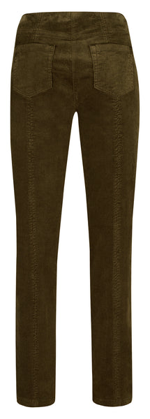 A pair of Robell dark brown corduroy trousers shown from the back, featuring two large patch pockets and a wide waistband, set against a plain white background.