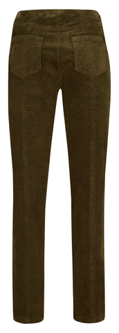 A pair of Robell dark brown corduroy trousers shown from the back, featuring two large patch pockets and a wide waistband, set against a plain white background.
