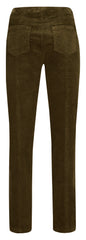 A pair of Robell dark brown corduroy trousers shown from the back, featuring two large patch pockets and a wide waistband, set against a plain white background.