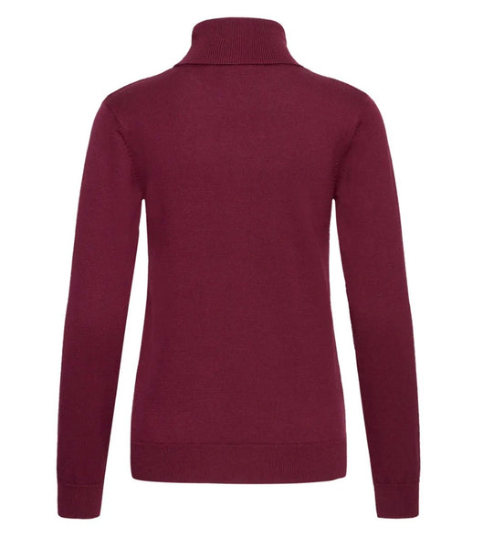 Back of Ichi burgundy roll neck jumper with long sleeves on a white background.
