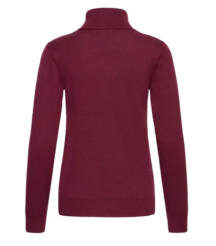 Close up of Ichi burgundy knit jumper with sleeve.