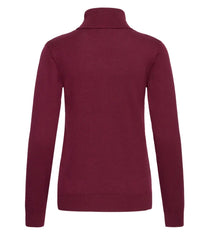 Back of Ichi burgundy roll neck jumper with long sleeves on a white background.