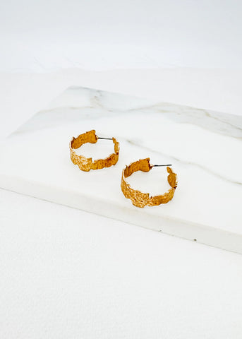 Envy Gold hoop earrings on a white fabric background
