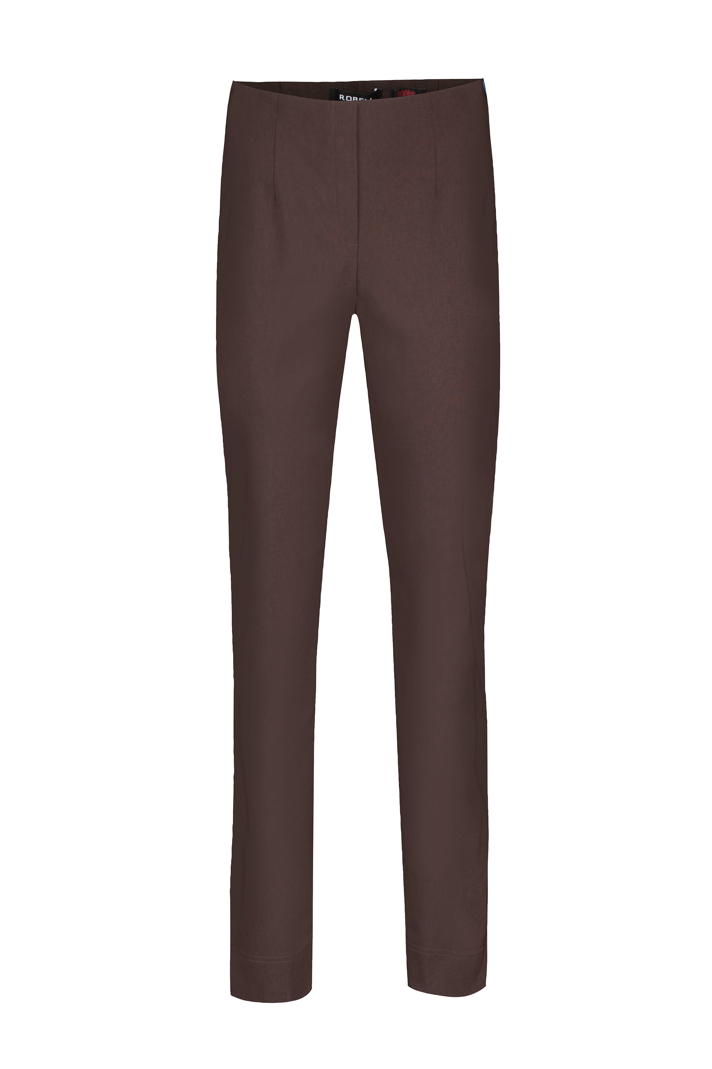 Robell Marie 73cm length dark brown slim-fit trousers on a white background.
