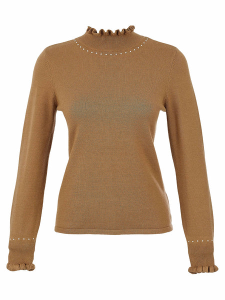 Dolcezza  taupe knit sweater with a ruffled mock neck and matching ruffled cuffs, accented with small white pearl-like studs, shown on a plain white background.
