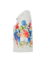 White jacket with colourful floral design on a white background.