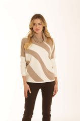 Pomodoro Diagonal cream and oatmeal cowl neck jumper worn with black jeans.