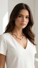 A woman with long dark brown hair wearing a white V-neck top and an Envy Jewellery chunky gold chain necklace with clear stones, photographed in a bright, softly lit indoor setting.