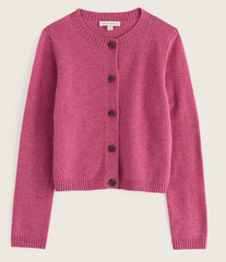 Seasalt pink knit cardigan sweater with brown buttons, shown flat against a light cream background.