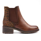 Lunar Women's Tan ankle boot with leopard print side panel on a white background