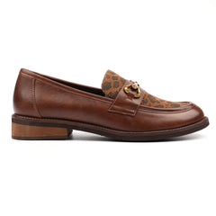 Brown tan Lunar Shoes loafer with patterned leopard tongue on a white background
