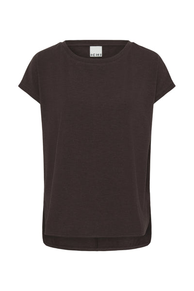A dark brown short-sleeve crewneck t-shirt by ICHI, shown flat against a solid white background.