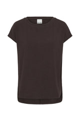 A dark brown short-sleeve crewneck t-shirt by ICHI, shown flat against a solid white background.