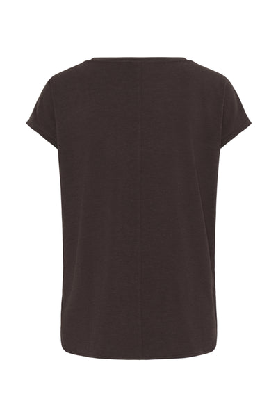 A dark brown short-sleeve t-shirt shown from the back, featuring a simple crew neck and a subtle vertical seam down the center back, set against a plain white background.