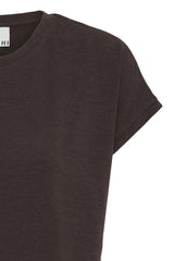 Close-up of a dark brown short-sleeve crewneck t-shirt, showing the fabric texture and a small white brand label at the inner collar.