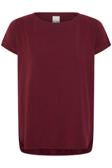 A short-sleeve crewneck t-shirt in a deep burgundy color, displayed flat against a solid white background. The brand name 'ICHI' is visible on the inner neck label.