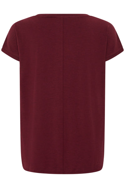 A short-sleeve crewneck t-shirt in a deep burgundy color, shown from the back against a plain white background.