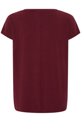 A short-sleeve crewneck t-shirt in a deep burgundy color, shown from the back against a plain white background.