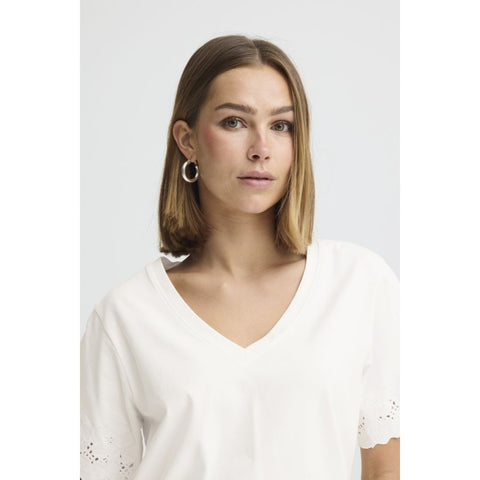 White lace top with scalloped hem on a white background