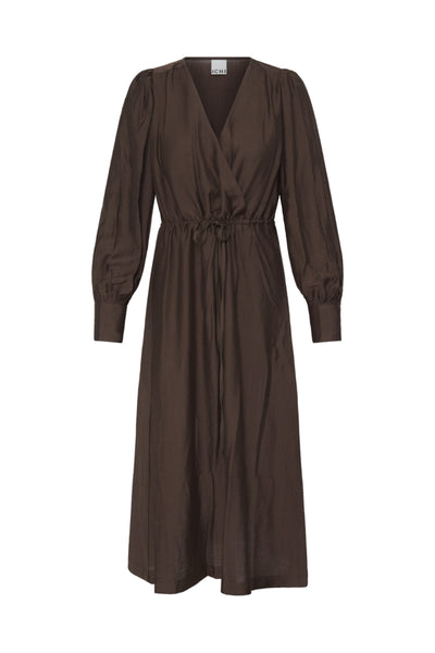 A dark brown long-sleeve midi dress with a V-neckline, gathered waist, and puffed sleeves, shown against a plain white background.