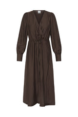 A dark brown long-sleeve midi dress with a V-neckline, gathered waist, and puffed sleeves, shown against a plain white background.