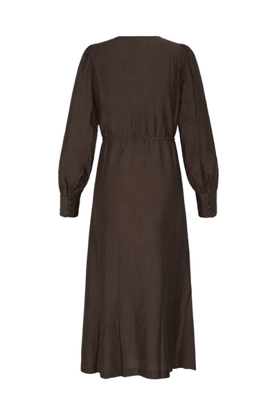 A dark brown long-sleeve midi dress with a gathered waist, shown from the back against a plain white background.