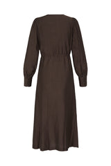 A dark brown long-sleeve midi dress with a gathered waist, shown from the back against a plain white background.