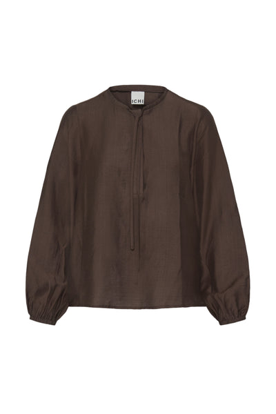 A dark brown long-sleeve blouse with a drawstring tie neckline and elasticized cuffs, shown flat against a white background. The brand name 'ICHI' is visible on the inner neck label.