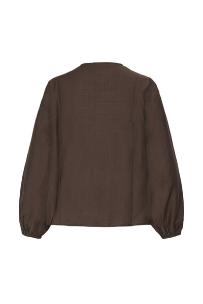 A dark brown long-sleeve blouse with a relaxed fit and gathered cuffs, shown from the back against a plain white background.