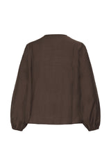 A dark brown long-sleeve blouse with a relaxed fit and gathered cuffs, shown from the back against a plain white background.