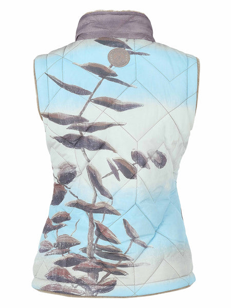 Dolcezza sleeveless quilted Gilet with a mock neck, featuring an all-over print of brown seed pods on a light blue and white background, shown against a plain white background.