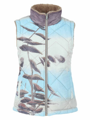 Dolcezza sleeveless quilted reversible Gilet with a high collar, featuring a light blue and white background with a printed pattern of brown leaves and birds, and a brown faux-fur lining inside the collar.