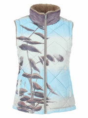 Dolcezza sleeveless quilted reversible Gilet with a high collar, featuring a light blue and white background with a printed pattern of brown leaves and birds, and a brown faux-fur lining inside the collar.