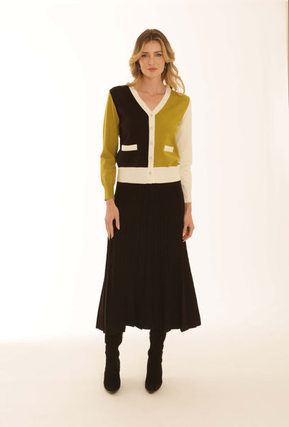 A woman stands against a plain white studio background wearing a black pleated pomodoro skirt and color-block knit cardigan vest over a black and white long-sleeve top.