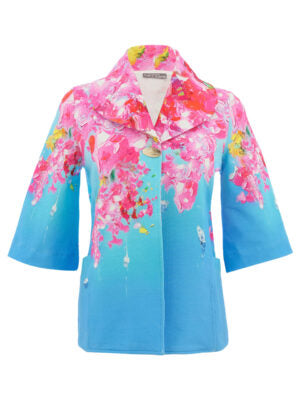 Colourful floral patterned jacket on a white background.