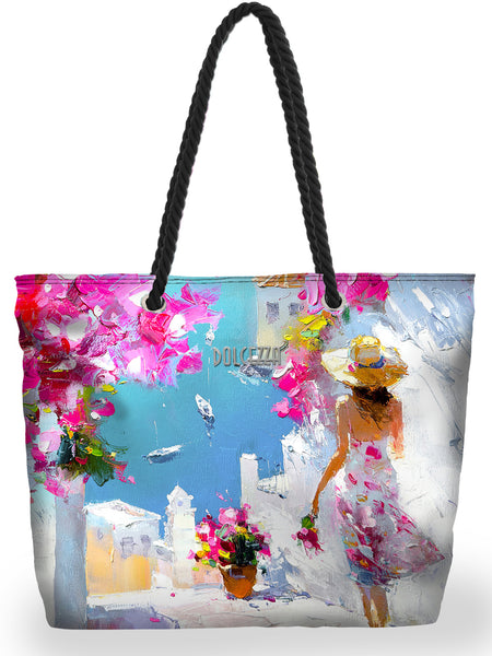 Dolcezza Women's Lincolnshire Tote bag with a colorful design of a woman in a hat, dress and flowers.