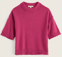 Seasalt dusty rose pink knit short sleeve sweater with a crew neck and ribbed cuffs and hem, shown flat against a light grey background.