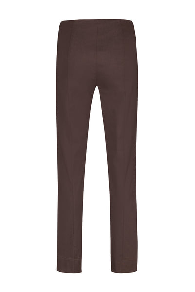 A pair of Robell Marie 73cm length dark brown slim-fit trousers shown flat against a solid white background.