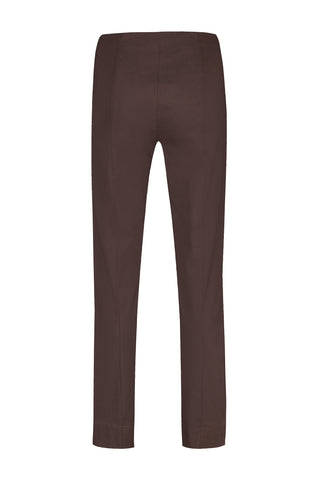 A pair of Robell Marie 73cm length dark brown slim-fit trousers shown flat against a solid white background.