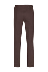 A pair of Robell Marie 73cm length dark brown slim-fit trousers shown flat against a solid white background.