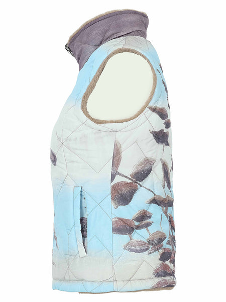 Dolcezza sleeveless quilted Gilet with a light blue and white background featuring a brown bird print, shown on a white background.
