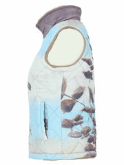Dolcezza sleeveless quilted Gilet with a light blue and white background featuring a brown bird print, shown on a white background.