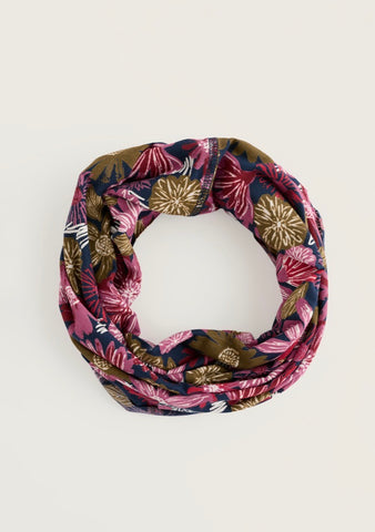 A close up of a floral fabric pattern featuring large stylized flowers in pink, red, and metallic gold on a dark navy blue background.