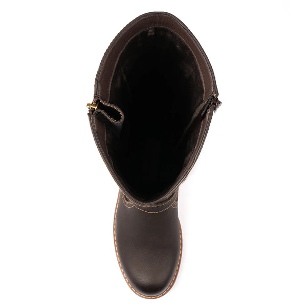 Front view of long brown boots on a white studio background.