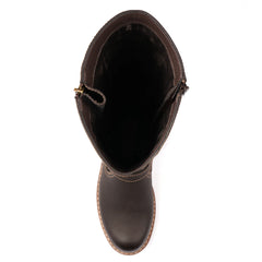 Front view of long brown boots on a white studio background.