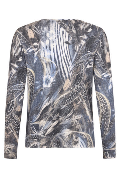 Back profile of Sunday long-sleeve round neck top featuring an all-over abstract print shades of blue,grey, beige and white. On a white studio background.