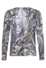 Back profile of Sunday long-sleeve round neck top featuring an all-over abstract print shades of blue,grey, beige and white. On a white studio background.