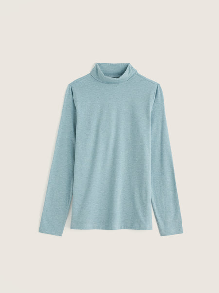 Seasalt light blue long-sleeve neck top displayed flat against a solid, warm off-white background.