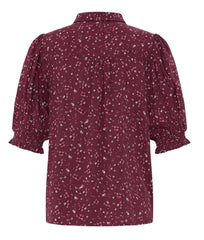 Ichi burgundy short-sleeve blouse with a white and light pink floral print, featuring puffed sleeves and a collar, shown against a plain white background.