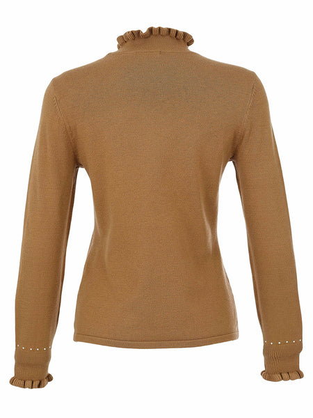 Dolcezza taupe knit sweater with long sleeves, a ruffled mock neck, and ruffled cuffs, shown from the back on a white background.